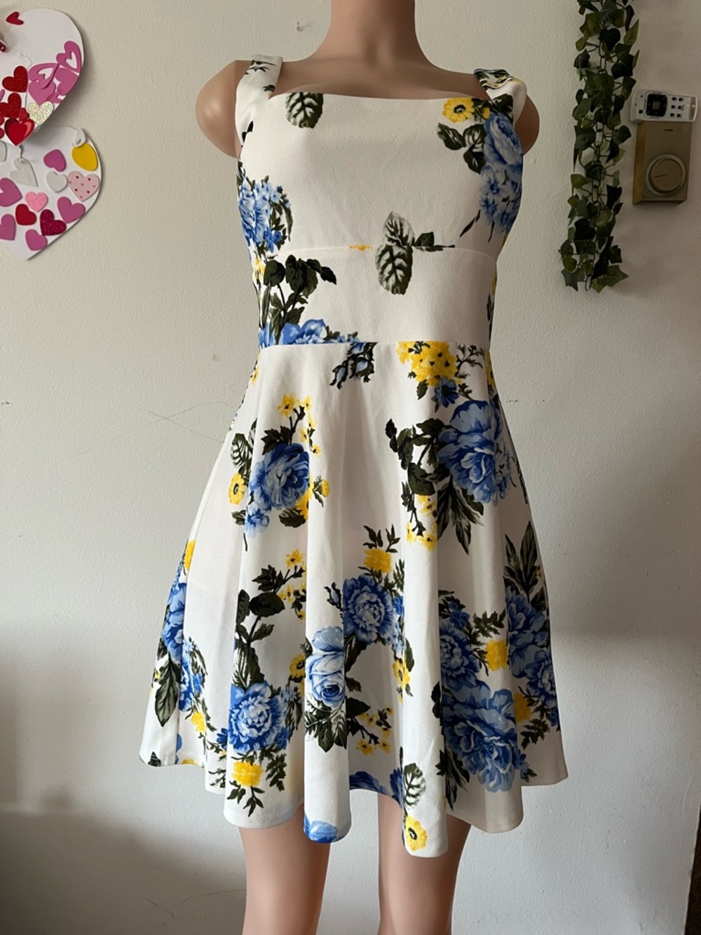 B Darlin White Dress with Blue and Yellow Floral Accents